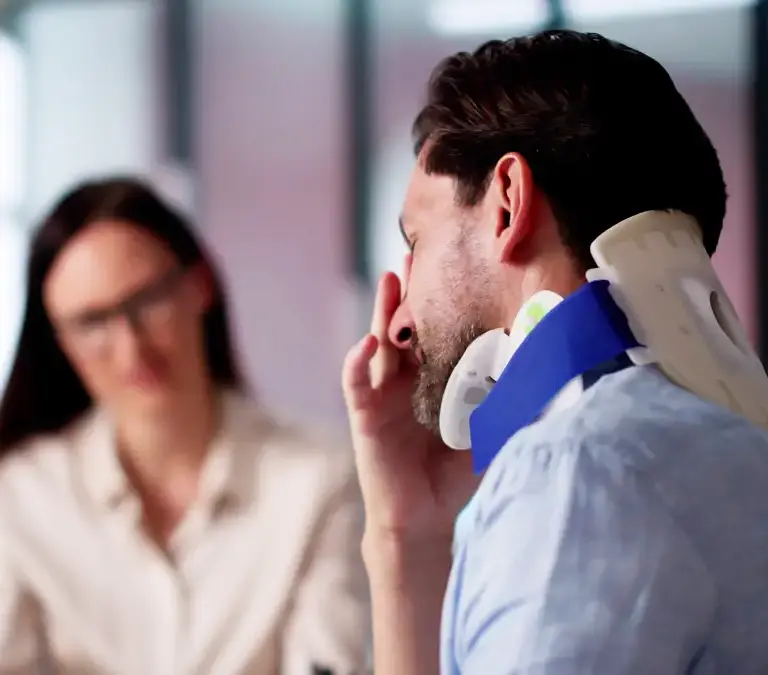 a man with a neck brace and a woman with a neck brace