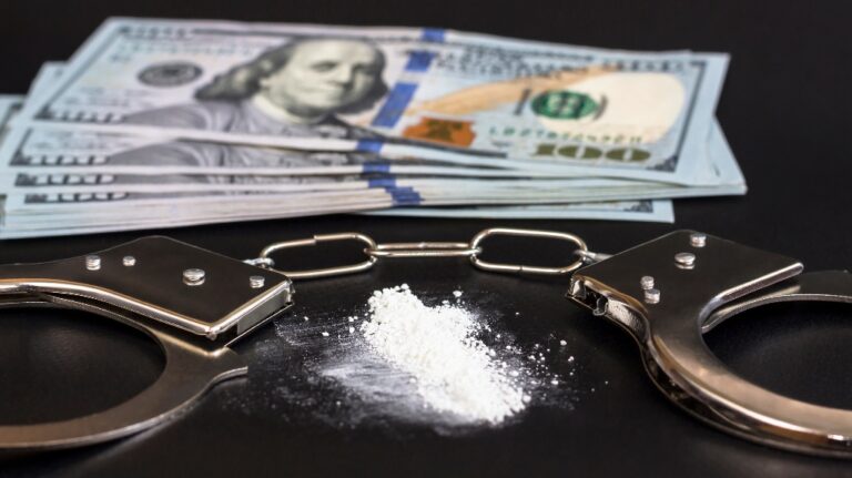 Drugs, US dollars and handcuffs on black table